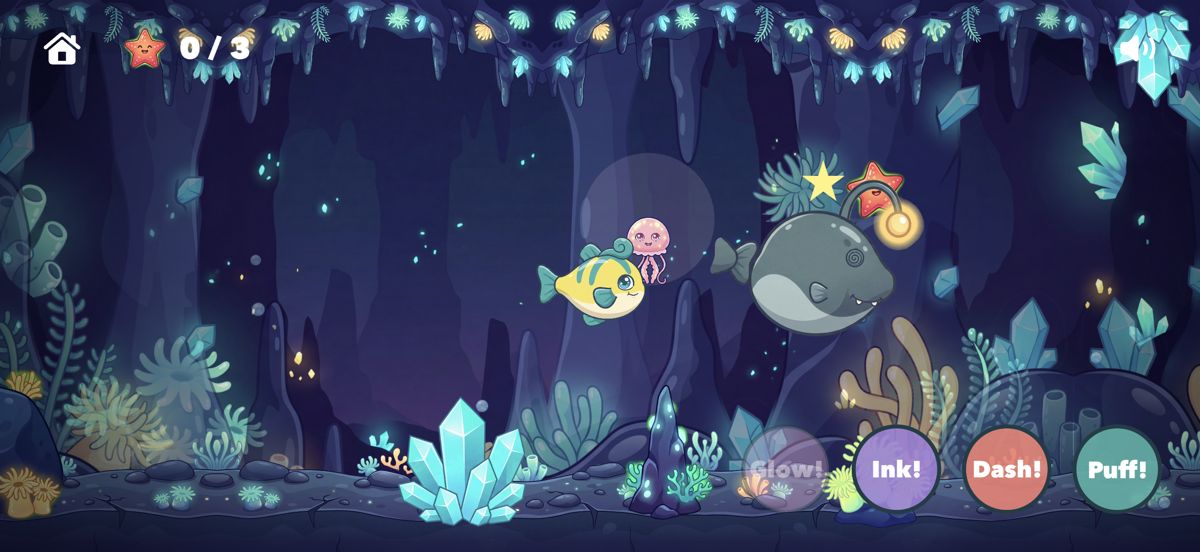 Pip and a jellyfish light up a dark cave next to a dazzled anglerfish