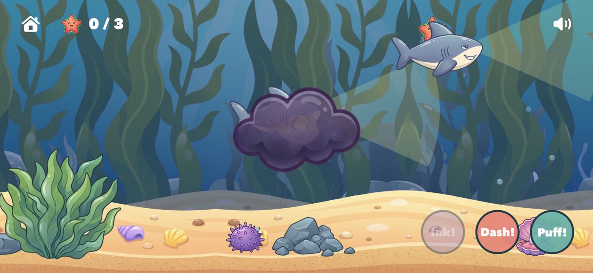 Pip hides in a cloud of octopus ink while a shark swims past